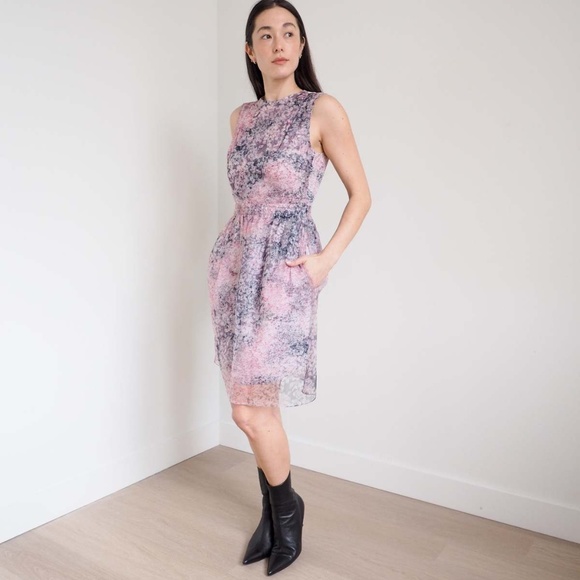 BEAUTIFUL Vintage Carven Pink Multicolour Sheer Floral Print Dress, Size 36 - Picture 1 of 7